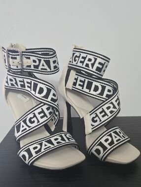 Karl Lagerfeld White and Black Logo Wrap Stiletto Heels